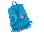 Mochila escolar azul com estampa de bolinhas.
