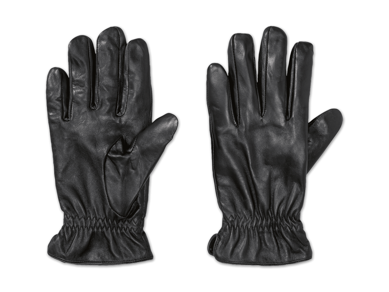 Zwei schwarze Lederhandschuhe, einer mit der Handfläche nach oben und der andere mit der Handfläche nach unten