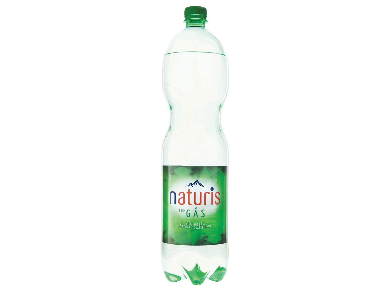 Garrafa de água mineral com gás Naturis com rótulo e tampa verdes.