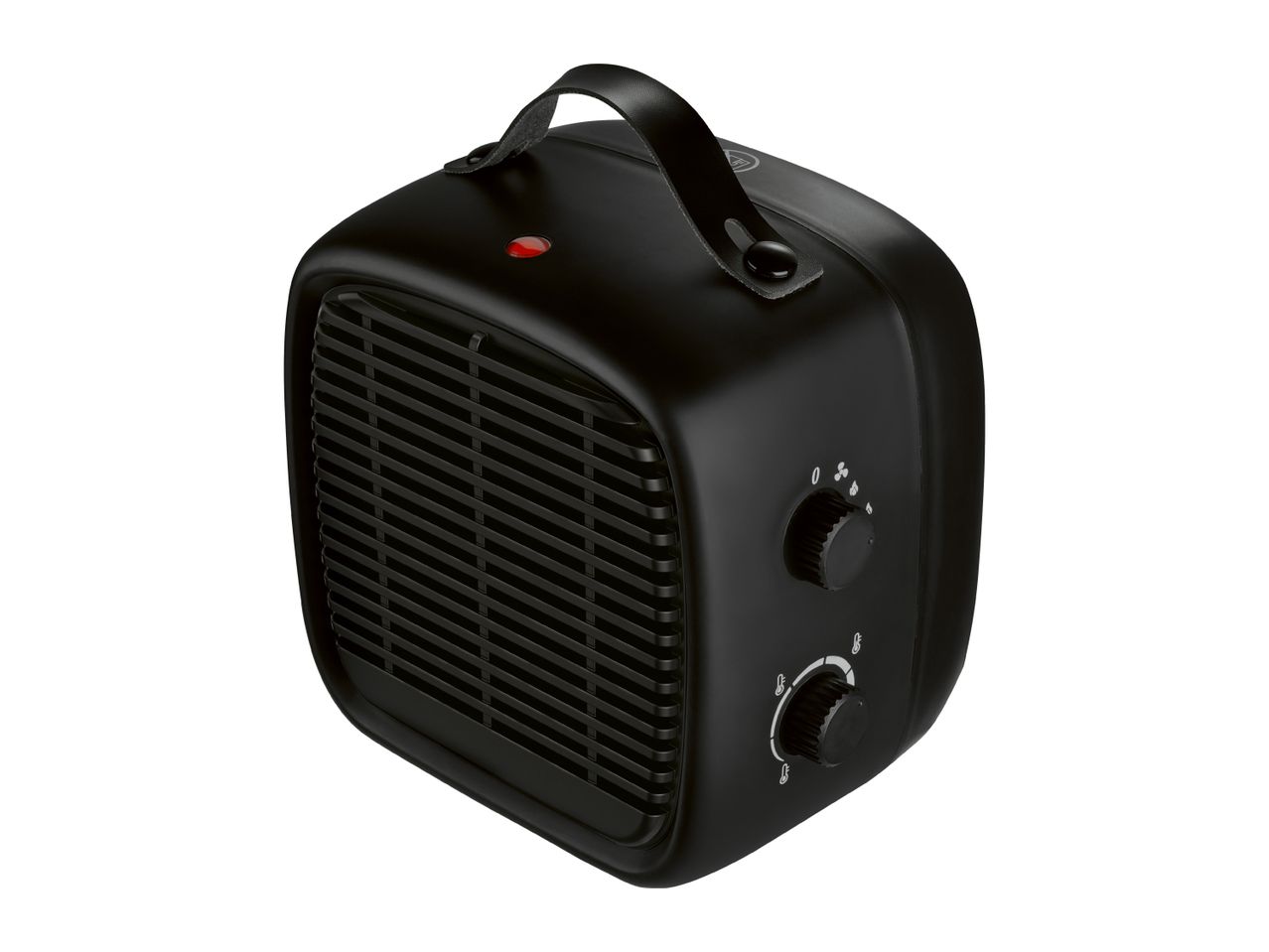 Black portable electric fan heater with two control knobs and a carrying handle.
