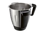 Stainless steel blender jug with black handles and base.