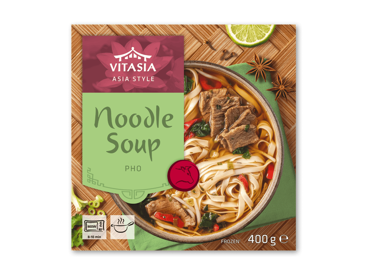 Nudelsuppe Pho med oksekød, nudler og grøntsager, klar til at spise på 8-10 minutter, 400g.