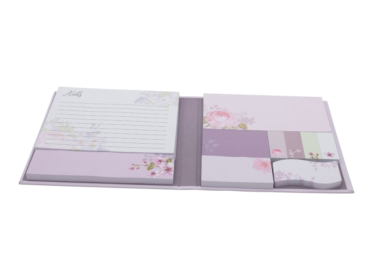 Floral-themed stationery set with a notepad, sticky notes, and page markers.