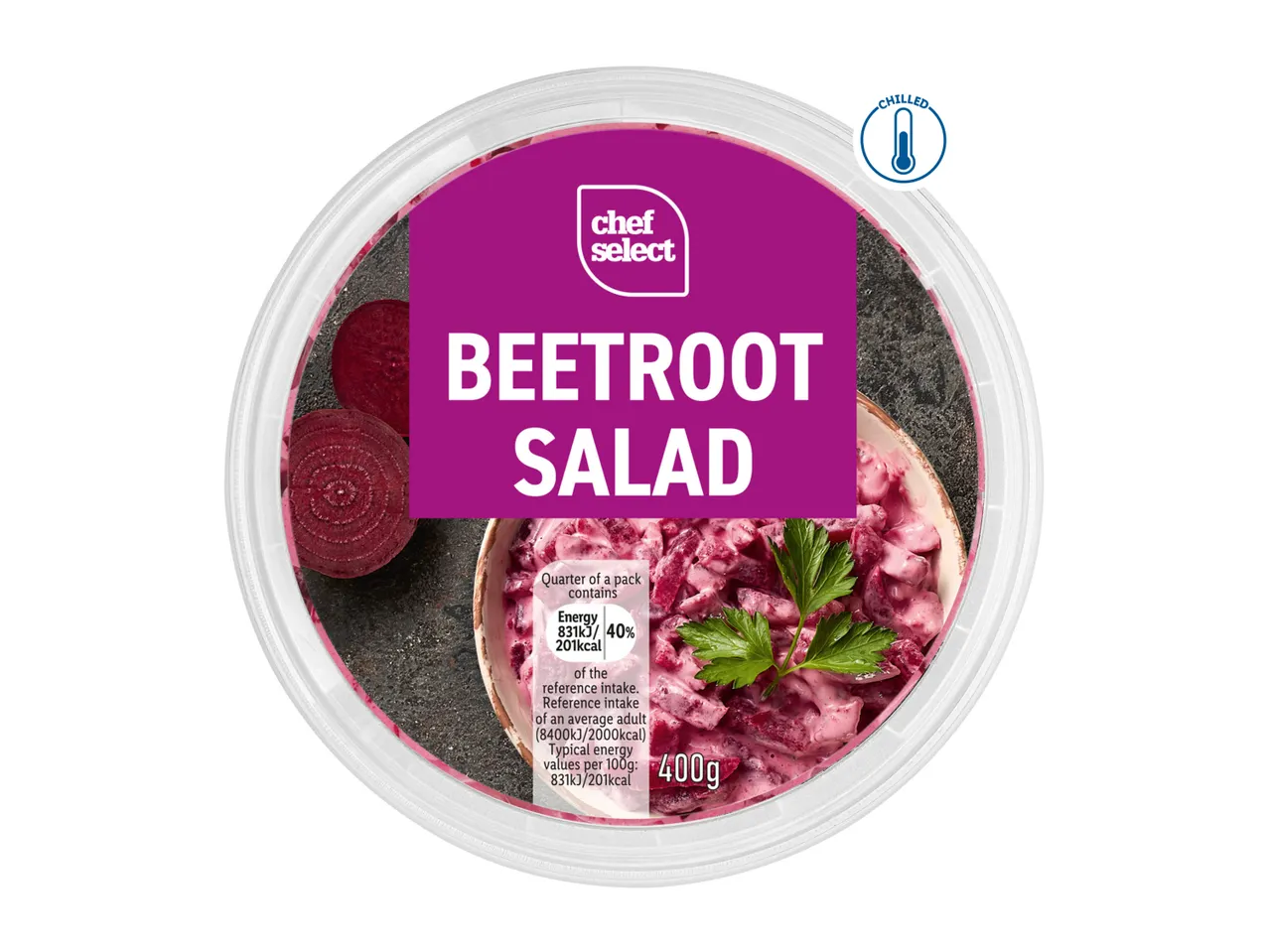 Chef Select Beetroot Salad in a clear plastic container with a purple label, 400g.