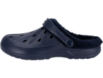 Navy blue lined clogs with ventilation holes and a back strap