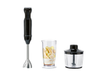 Hand blender with a measuring cup containing fruit and a chopper attachment.