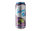 Soproni 0.0% Feketeribizli-Lime alkoholmentes sör doboz gyümölcs illusztrációval.