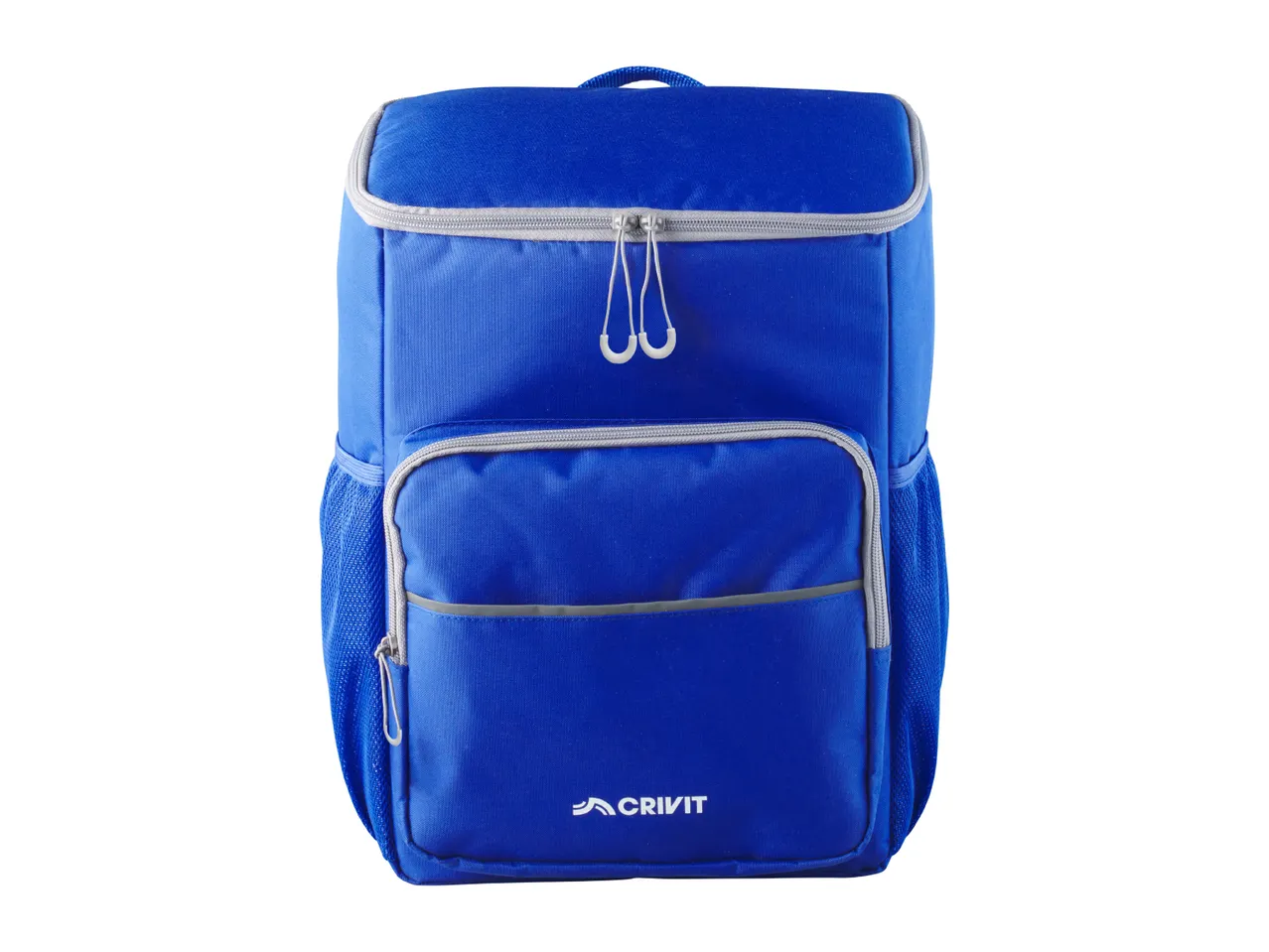 Blue insulated backpack with a front pocket and mesh side pockets