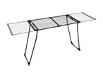 Black and grey clothes drying rack with extendable wings on a white background.