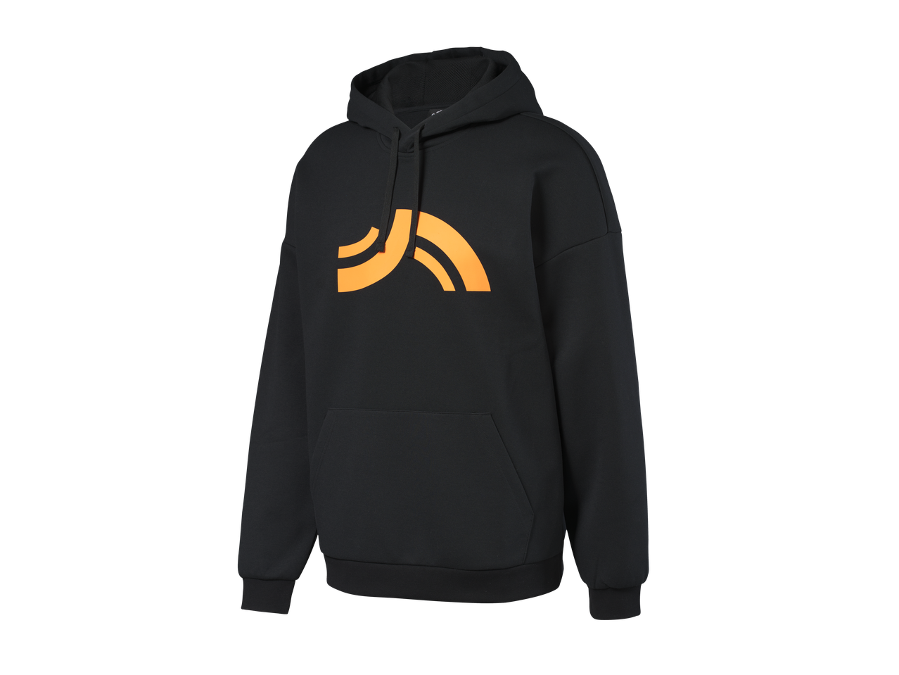 Melns CRIVIT džemperis ar kapuci un oranžu logotipu uz krūtīm
