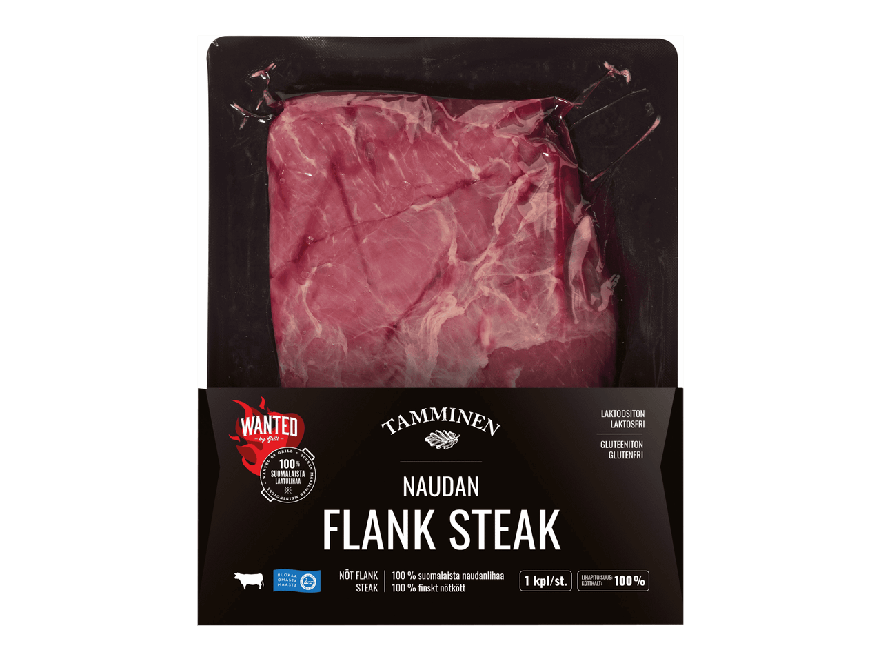 Vakuumipakattu naudan flank steak, jossa on merkintöjä laktoosittomuudesta ja gluteenittomuudesta.