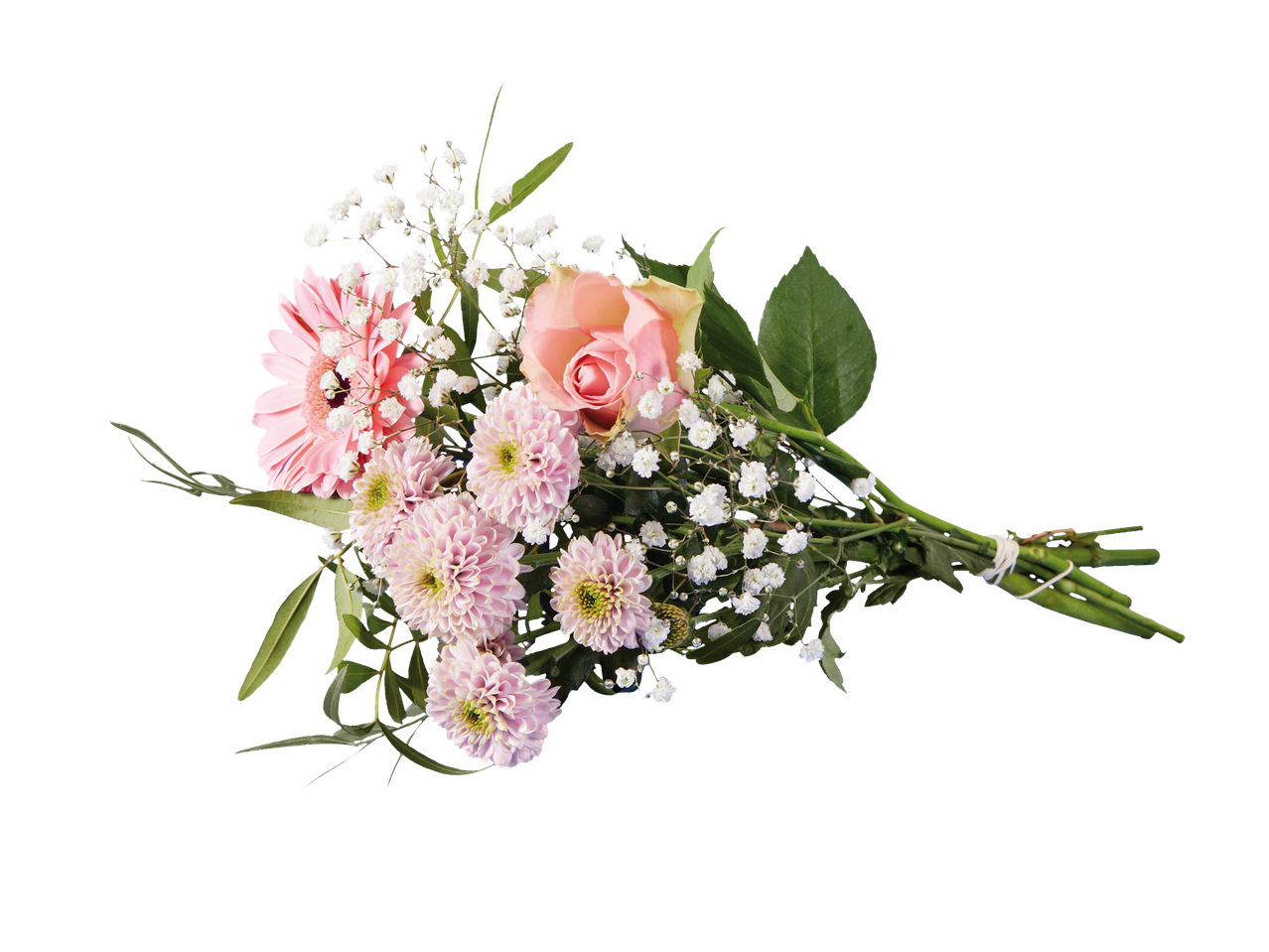 Um ramalhete de gérberas, rosas e crisântemos.