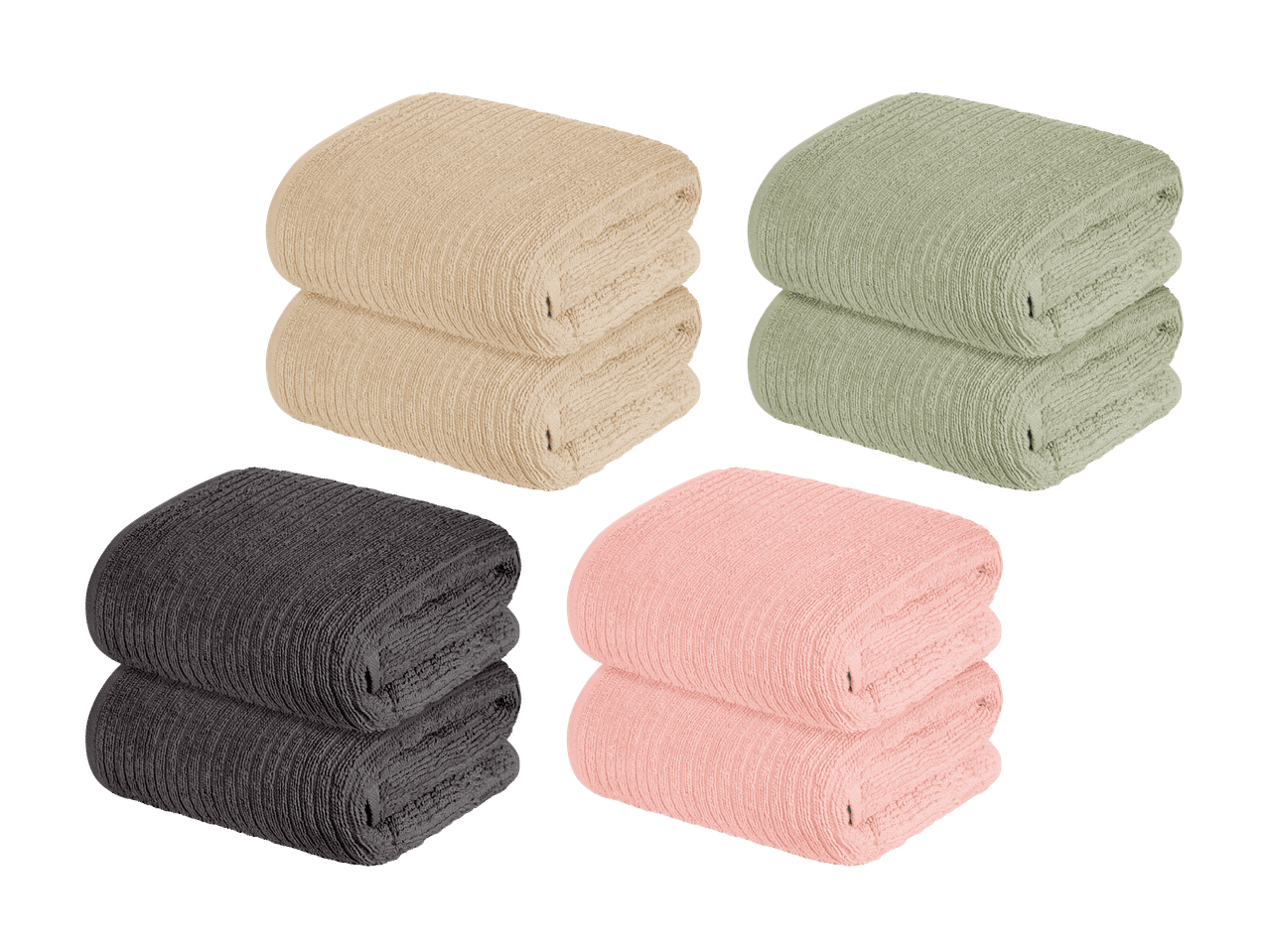 Fire sæt foldede håndklæder i beige, grøn, grå og lyserød.