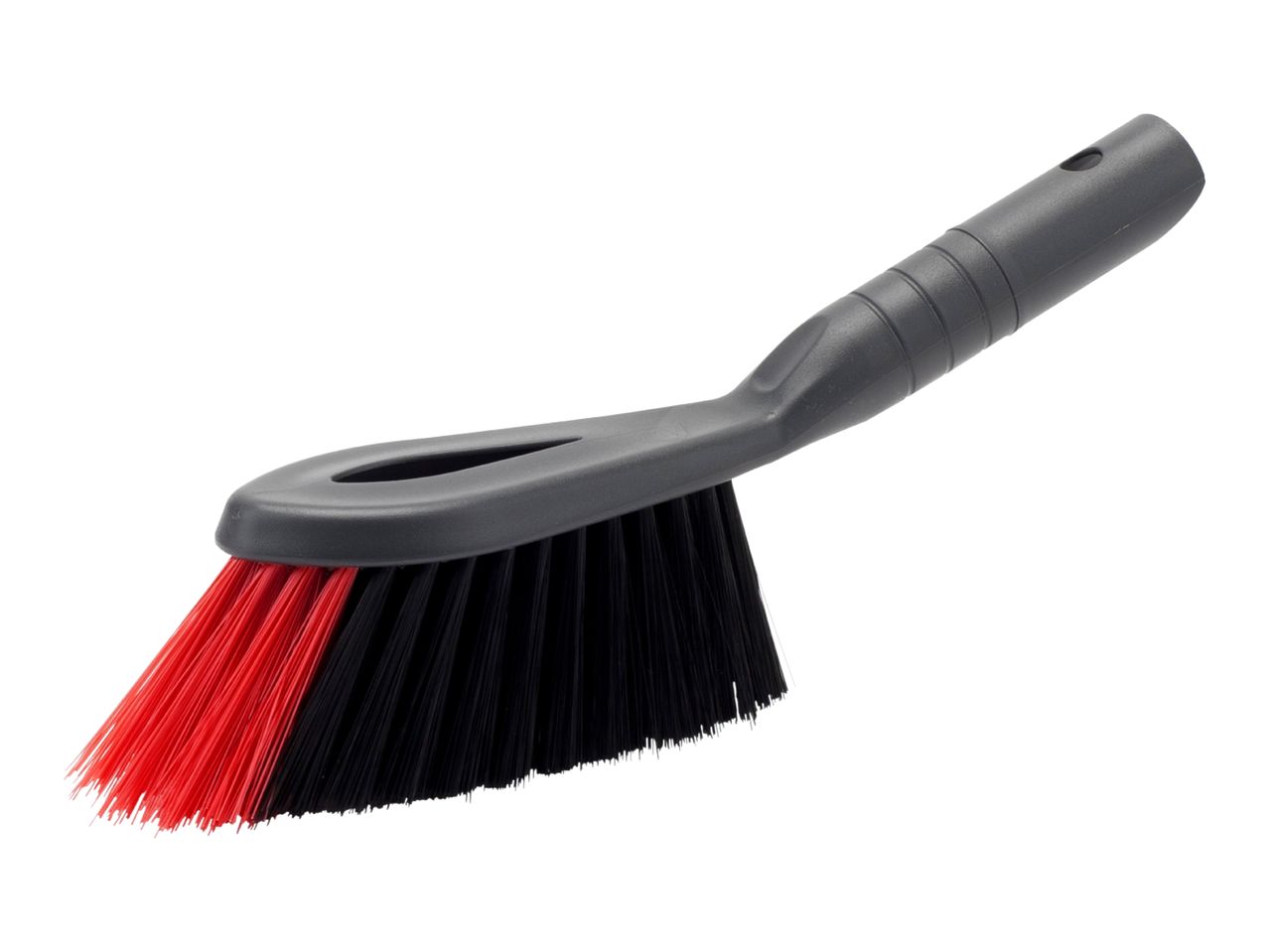 A black and red push broom with a plastic handle.