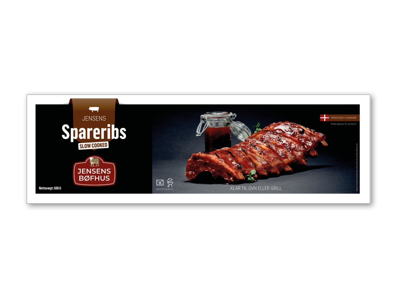 Emballage til spareribs med tekst 'SLOW COOKED' og 'KLAR TIL OVN ELLER GRILL'.