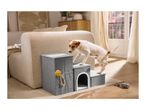 Three-step grey fabric pet stairs with a built-in dog house and storage pocket.