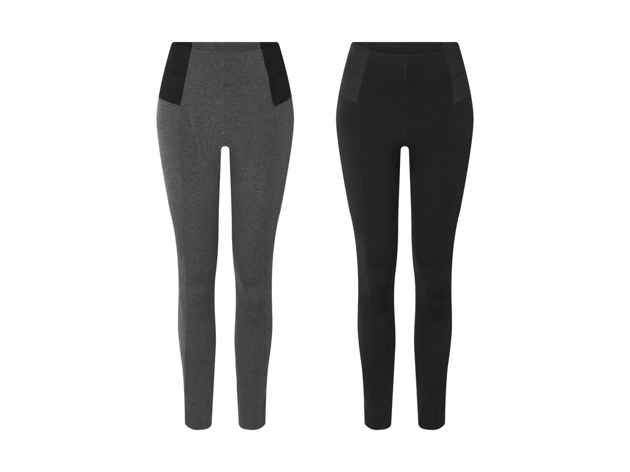 Zwei Leggings, eine grau und eine schwarz, mit kontrastierenden Einsätzen.