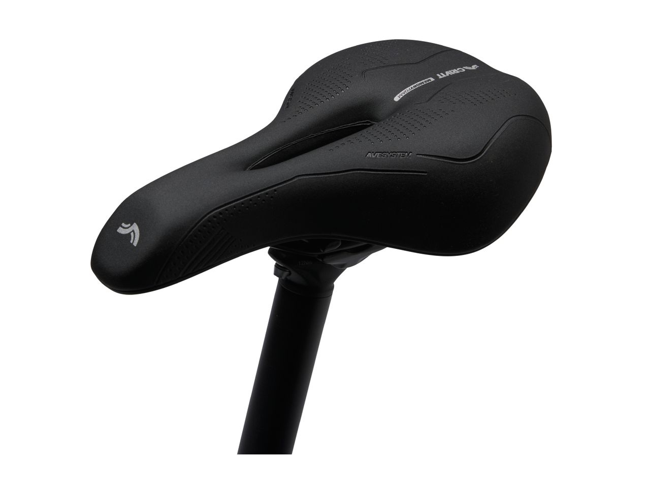 Black bicycle saddle with memory foam and AVESYSTEM technology, mounted on a seat post.