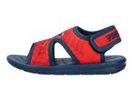 Red and blue children's sandals with a spider web pattern and a text on the strap.
