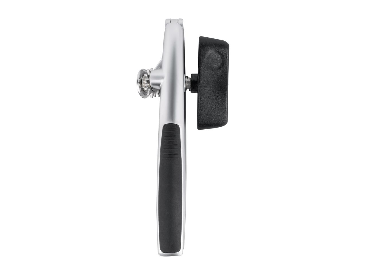 A silver and black can opener with a magnetic lid opener.