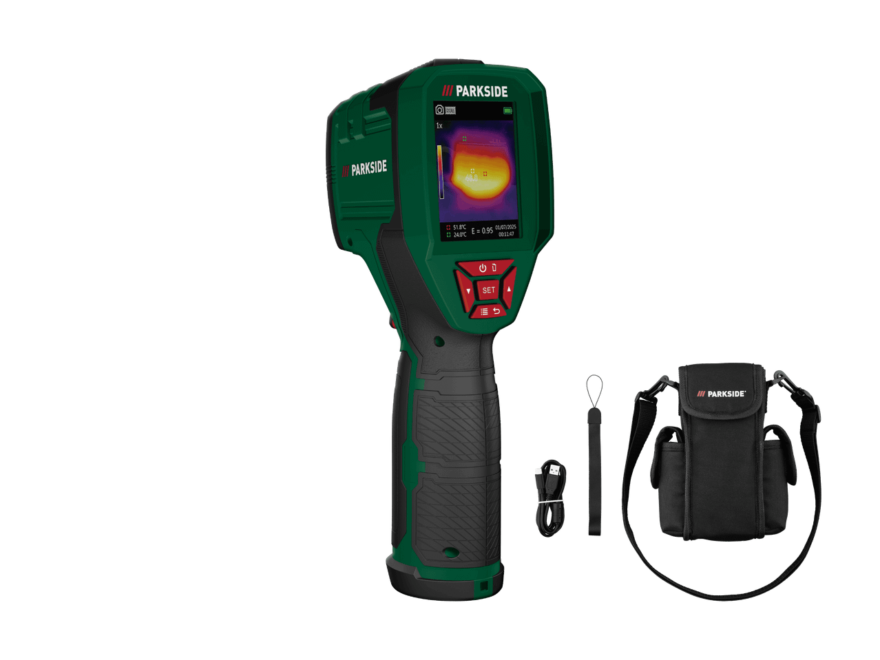 Caméra thermique avec écran, câble USB, dragonne et sac de transport.