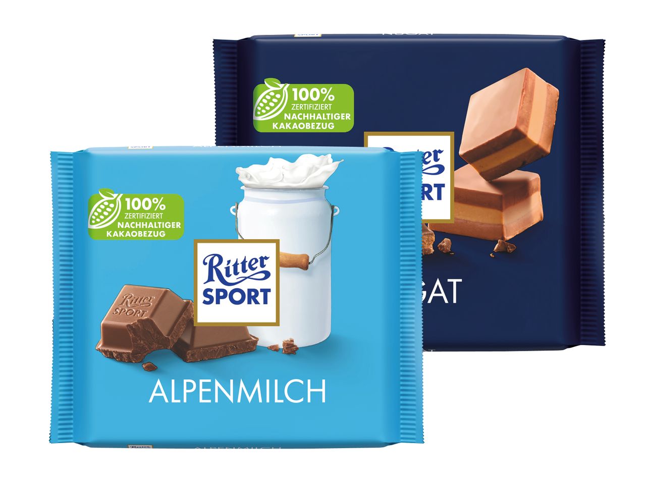 Zwei Ritter Sport Schokoladentafeln: Alpenmilch und Nougat, beide mit 100% nachhaltigem Kakaobezug.