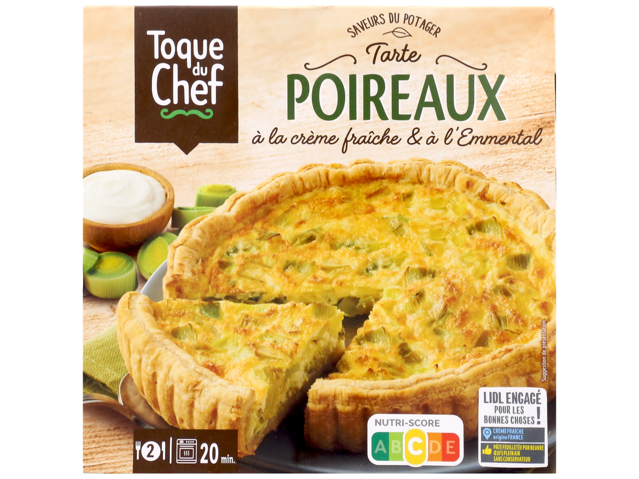 Tarte aux poireaux et à l'emmental avec crème fraîche, Nutri-Score B, prête en 20 min.