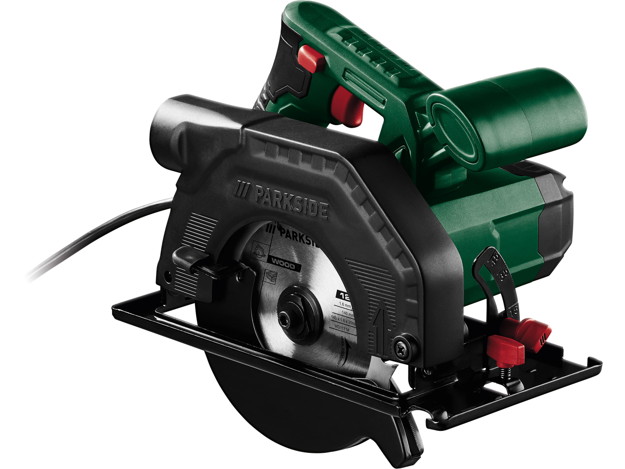 Zöld és fekete körfűrész, fűrészlappal, fekete háttér előtt.