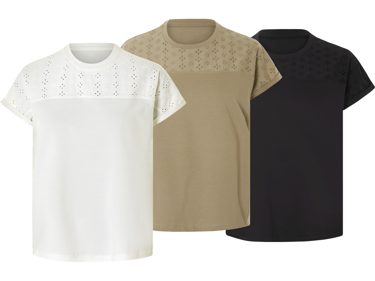 Tre t-shirts i vitt, beige och svart.