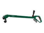 Cordless grass trimmer with a long green shaft, black handle, and red accents.