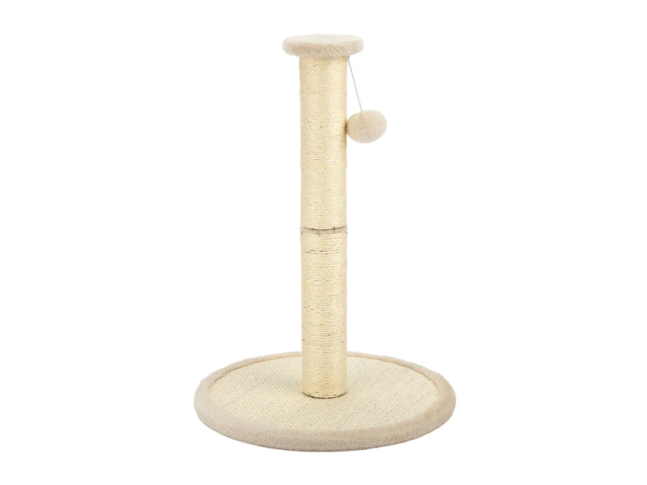Beige cat scratching post with a round base and a dangling fluffy ball toy.