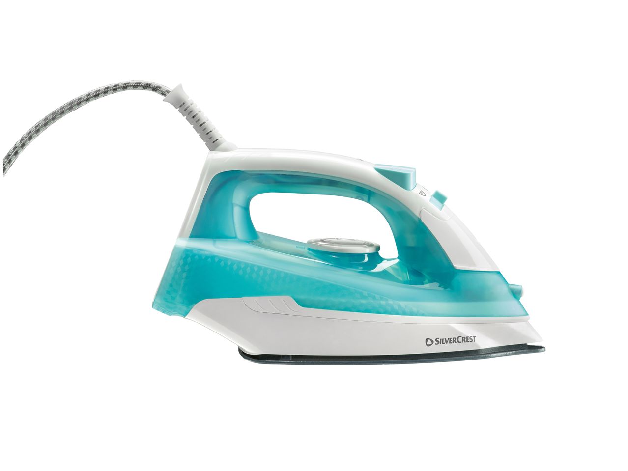 A white and turquoise SilverCrest steam iron with a patterned water tank.