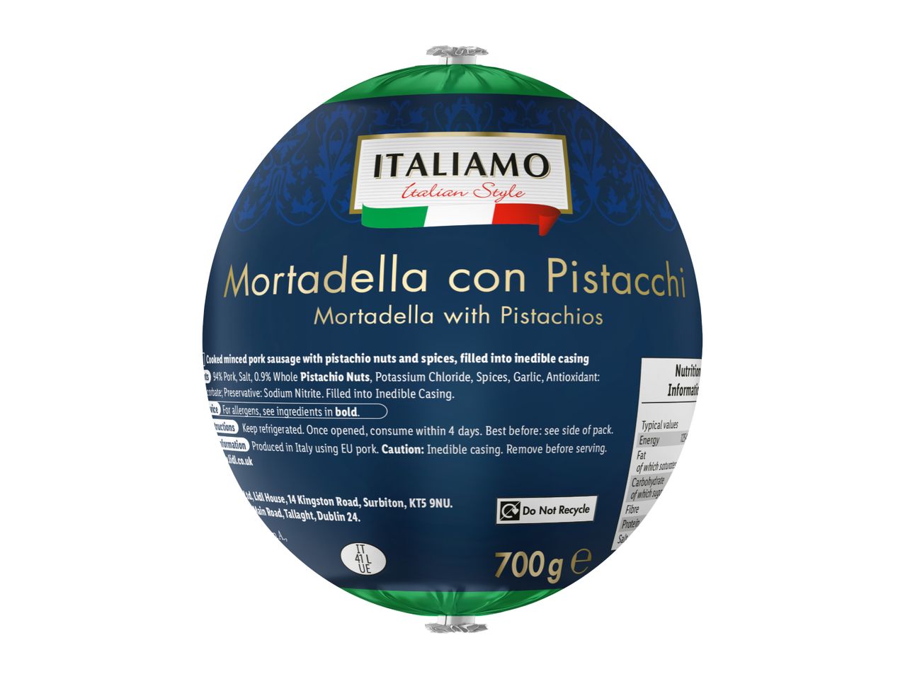 Mortadella with pistachios, Italian style, 700g, with nutritional information.