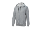 Pelēks sporta krekls ar kapuci un rāvējslēdzi.