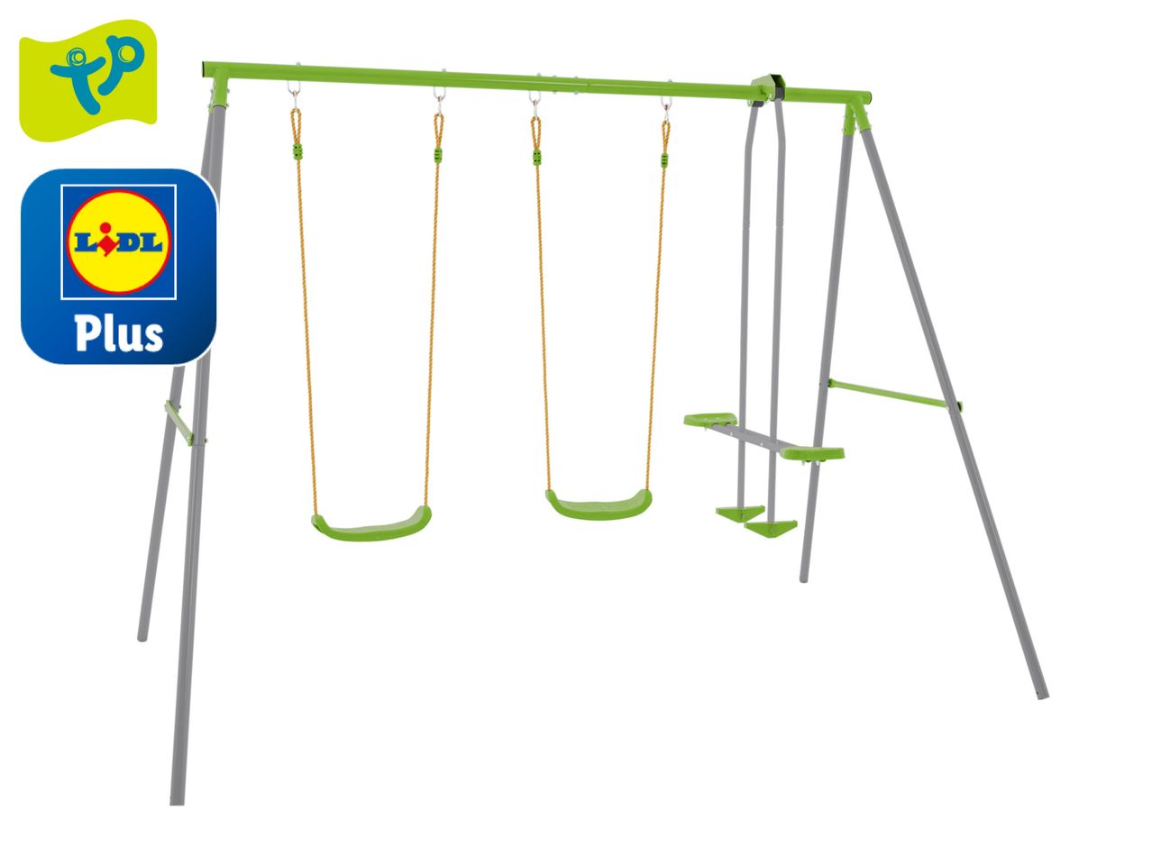 A Lidl Play three-seat swing set with a slide.