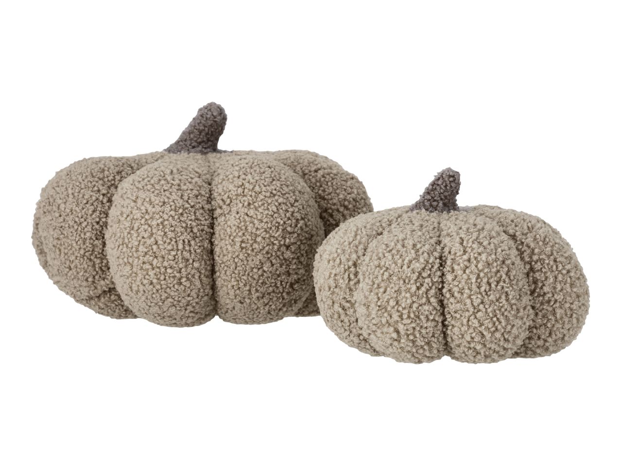 Two plush, textured pumpkin decorations in a neutral beige color with grey stems.