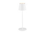 Hvid gulvlampe med en konisk skærm og en rund base, der lyser opad.