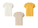 Tre kortærmede T-shirts i hvid, beige og gul med broderede detaljer på skuldre og bryst.