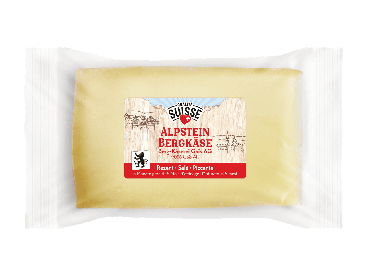 Schweizer Alpstein Bergkäse, 5 Monate gereift, in transparenter Verpackung.
