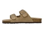 Beige two-strap sandals with buckle closures and a cork sole.
