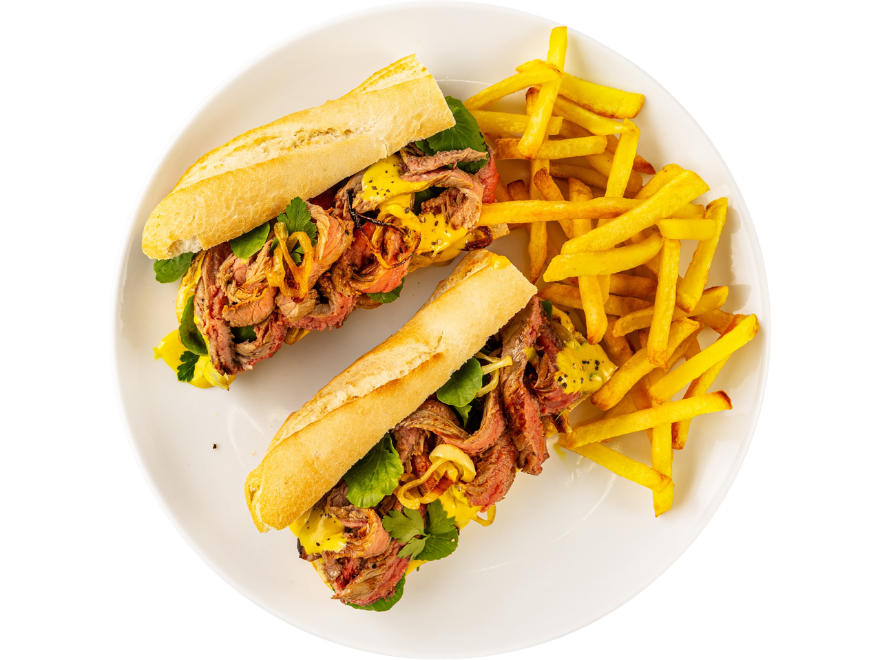 Two beef minute steak sandwiches with fries on a white plate.