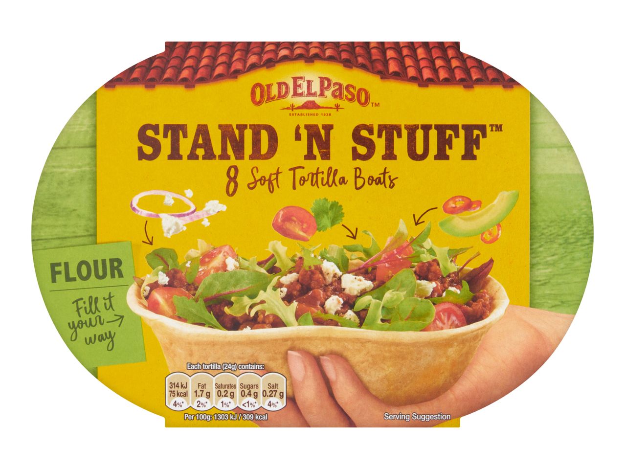 Pack of eight soft flour tortilla boats with a serving suggestion on a yellow background.