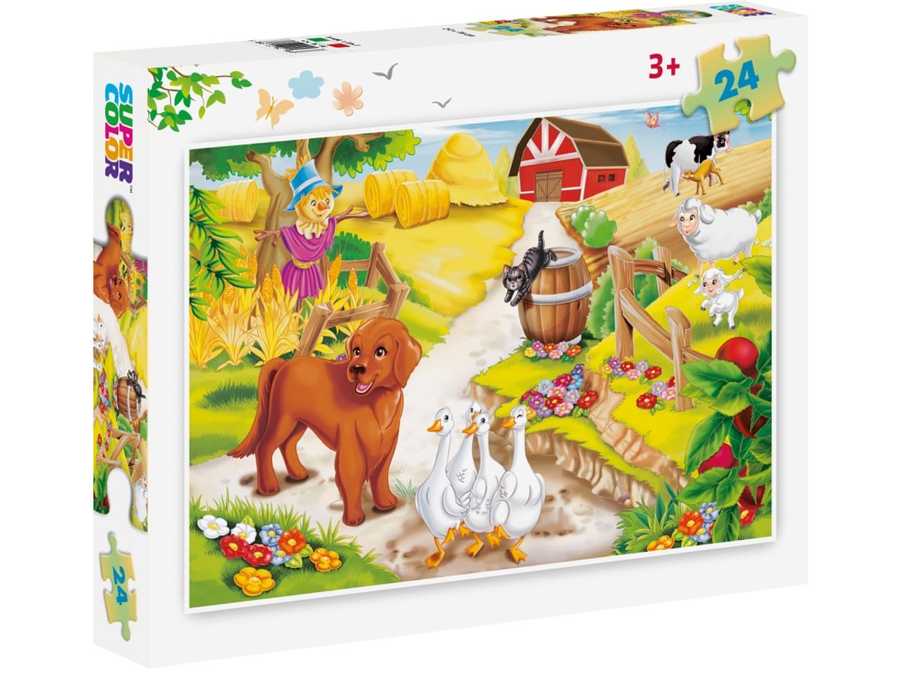 Пъзел Super Color с 24 части, изобразяващ ферма с животни и плашило.