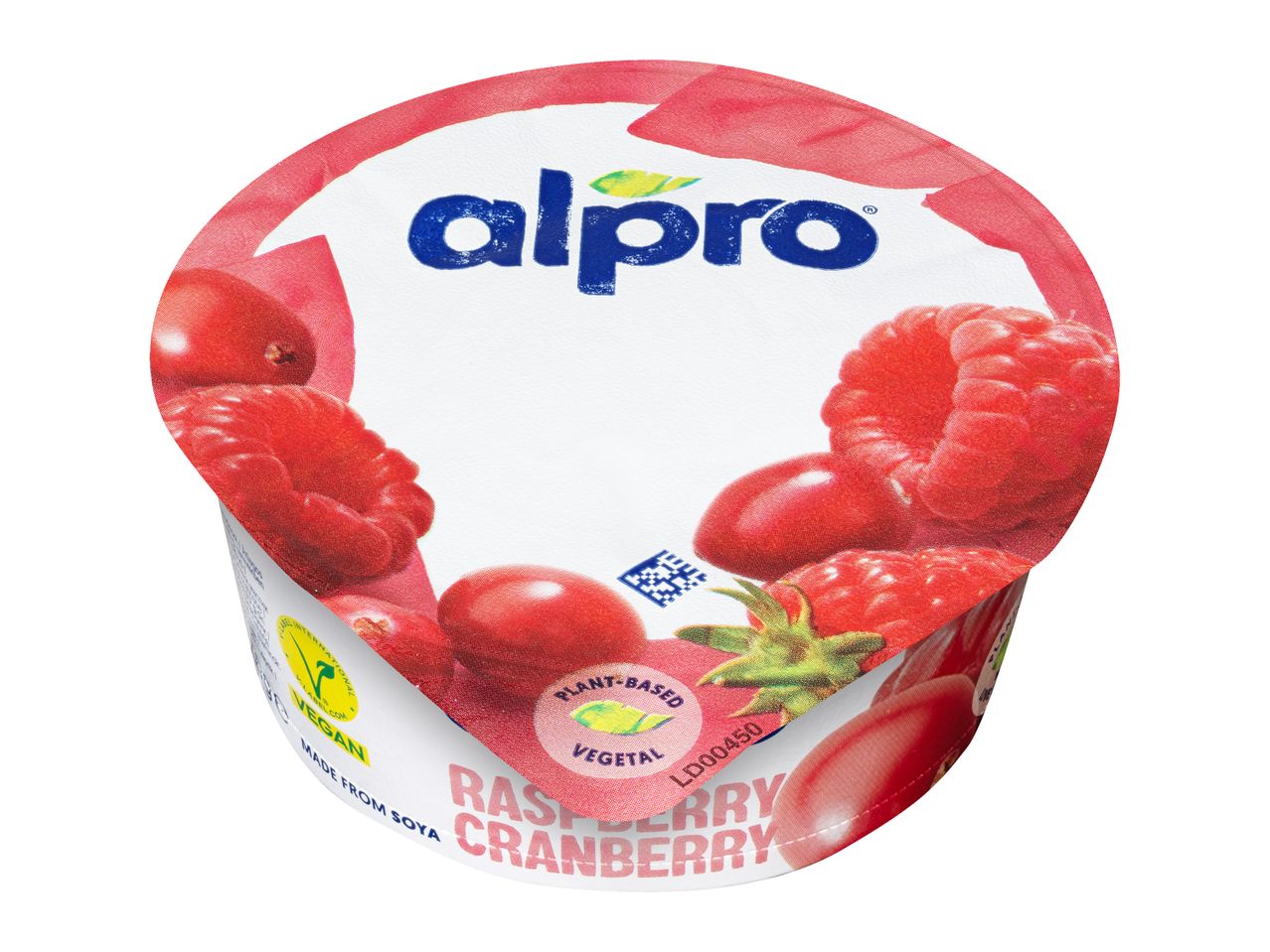 Alpro növényi alapú málna-áfonya joghurt.