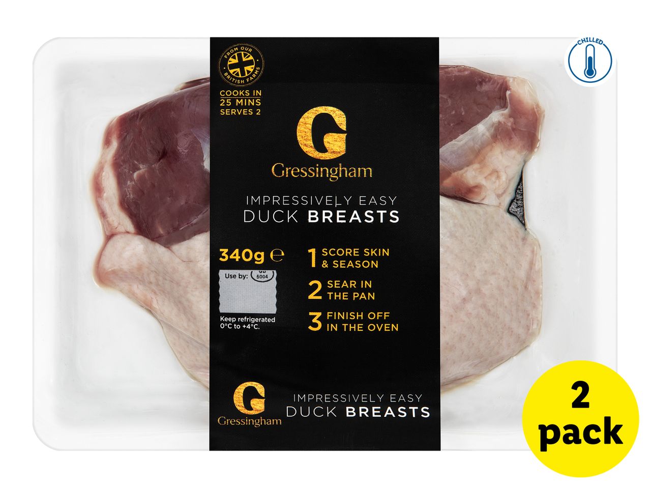 Two chilled duck breasts in packaging, 340g, with cooking instructions.