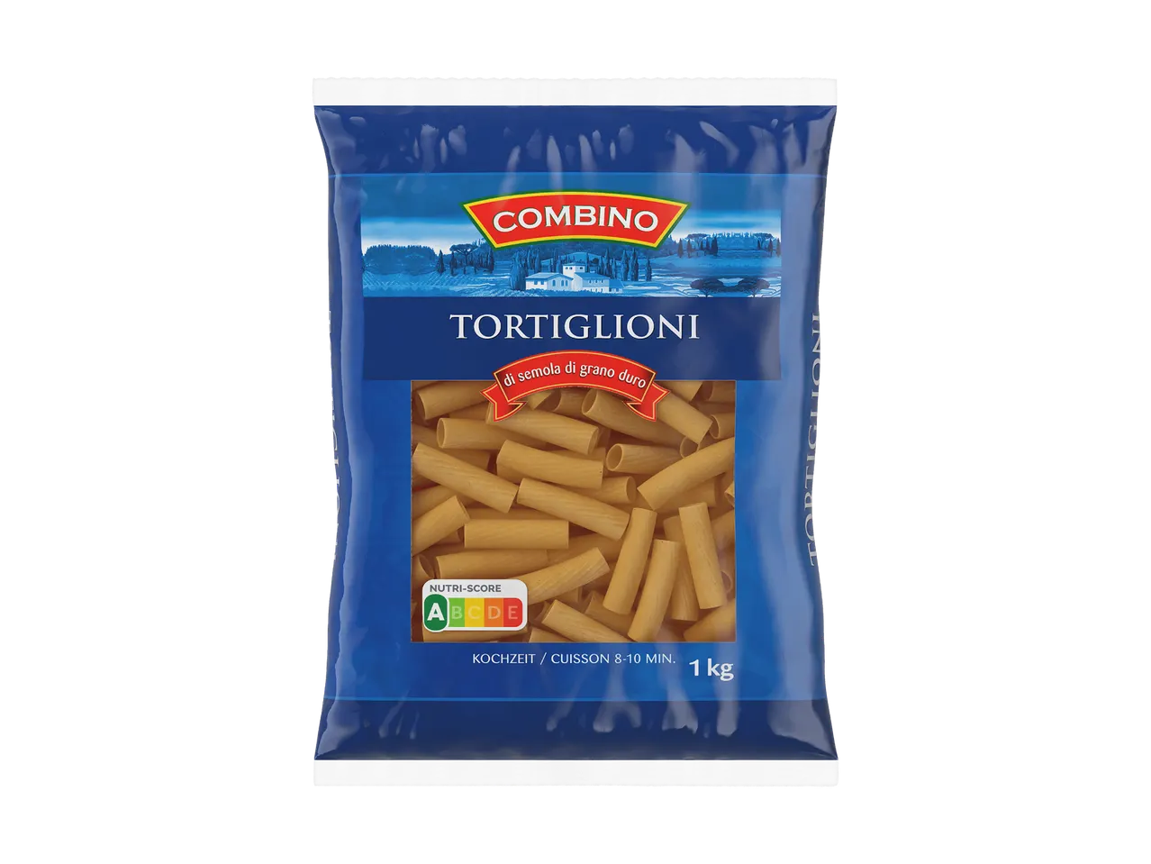 Paquet de tortiglioni de 1 kg avec Nutri-Score A et temps de cuisson de 8-10 min.