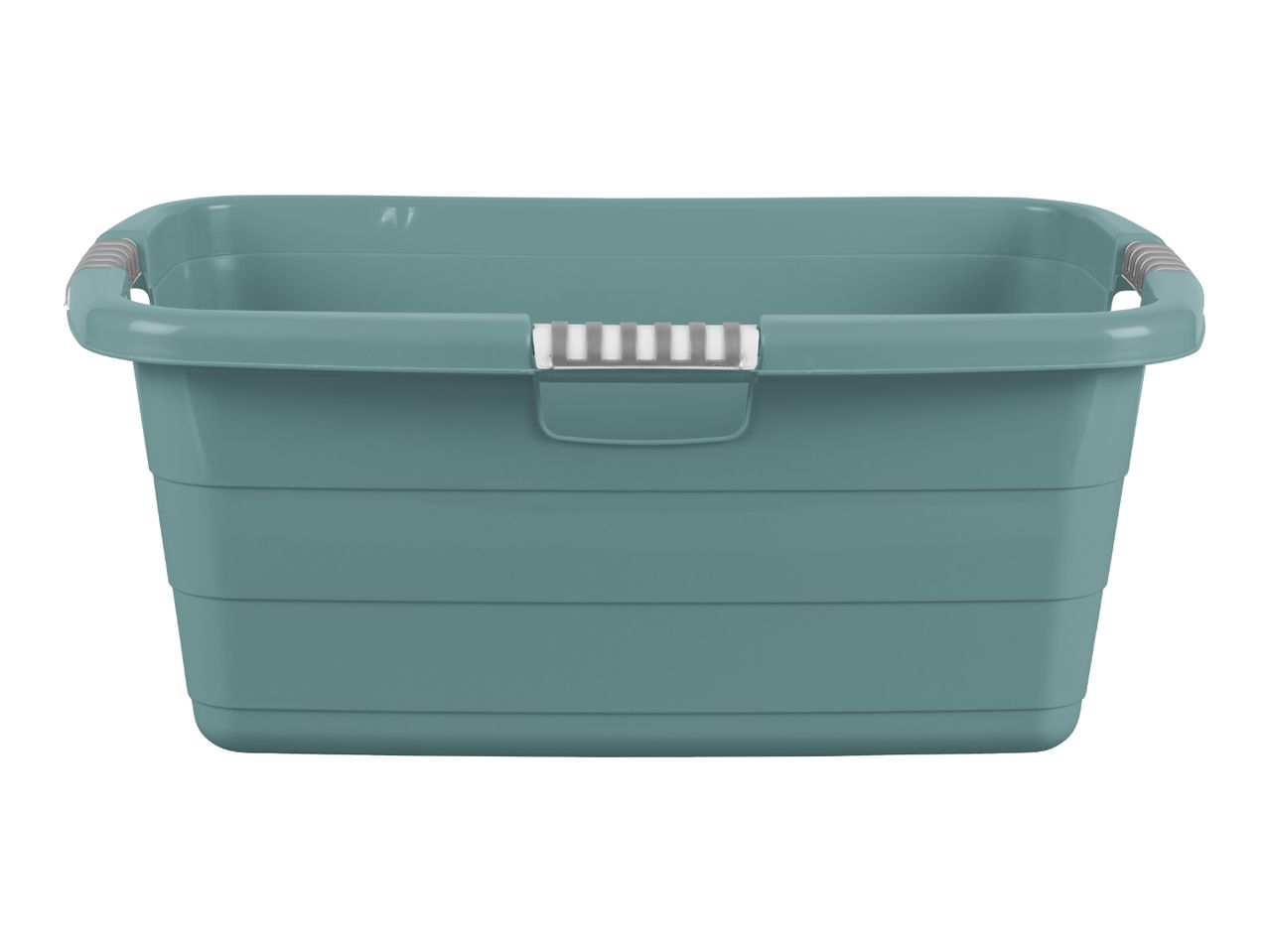 A teal plastic laundry basket with gray handles.
