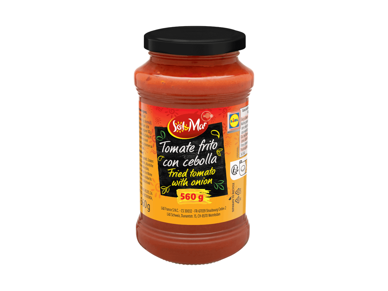 Un barattolo di salsa di pomodoro fritto con cipolla da 560 g.