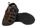 Pair of brown and black men's outdoor sandals with yellow accents and black soles.