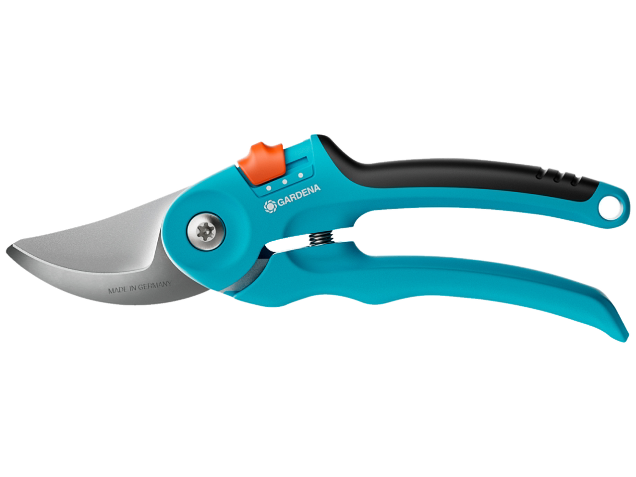 Tesoura de poda Gardena com cabos azuis, fecho de segurança laranja e lâmina prateada.